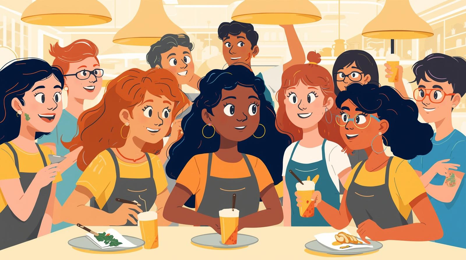 Diverse group of teens working together in food service environment