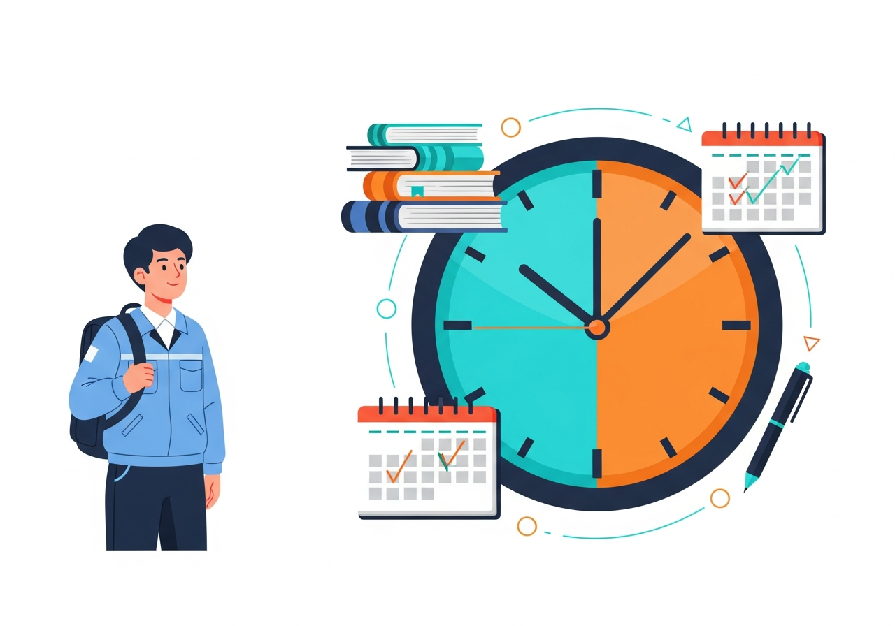Teen student with backpack standing next to large clock, books, and calendar representing balancing school and work